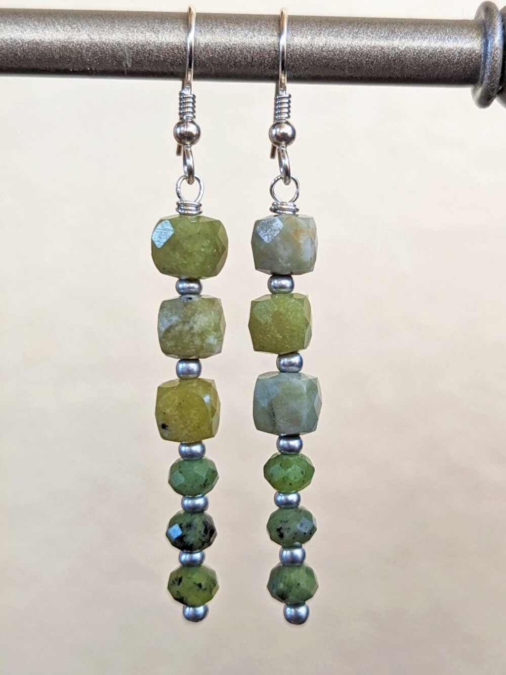 Boho Sterling Silver Olive Green Jade Stacked Faceted Long Earrings